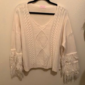 White Knit Fringe Sweater: Pink Lily